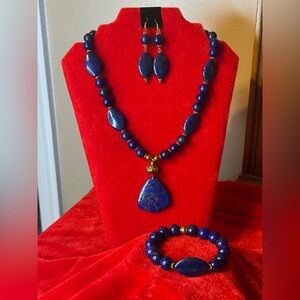 Lapis Lazuli & Hematite 2 Pc Necklace & Earrings set with gold plated findings.